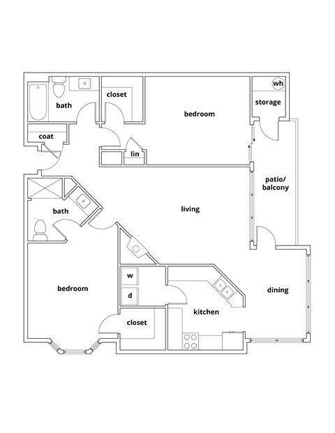 Floor plan for 2 beds, 2 baths, 1127 sqft